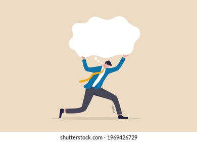 Over thinking, obsessive in work or too many problems that cannot make decision concept, tried depressed businessman carry heavy thinking bubble burden.