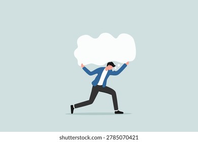 Over thinking, obsessive in work or too many problems that cannot make decision concept, tried depressed businessman carry heavy thinking bubble burden.