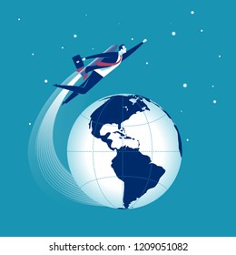 Over the Top. Businessman flying over the Earth with a rocket engine. Concept business vector illustration