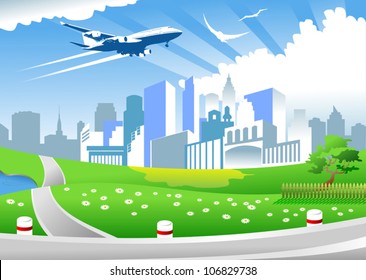 over the town blue and green meadow blue airplane flying