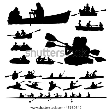 Over twenty peoples vector silhouettes on boats and kayaks.