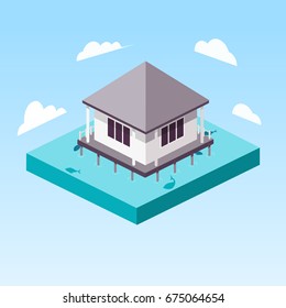 Over water Bungalow in ocean isometric style colorful vector illustration
