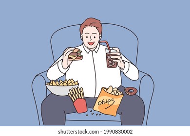 Over weight and unhealthy eating concept. Young smiling man cartoon character sitting in armchair eating burger french fries and drinking lemonade vector illustration 