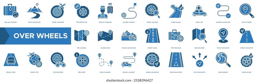 Over Wheels icon. Rolling Journey, Road Adventure, Wheel Traveler, Tire Expedition and Trolley Traveler