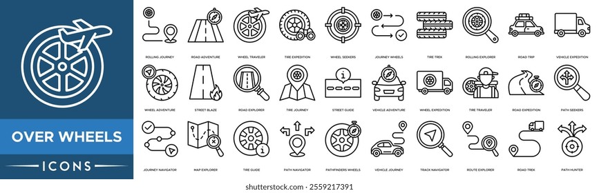 Over Wheels icon. Rolling Journey, Road Adventure, Wheel Traveler, Tire Expedition and Wheel Seekers