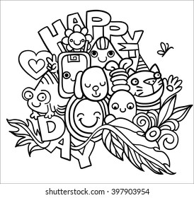 Over white background black outline. Many animals. Crowd. Fantasy. Coloring. Vector illustration. - Shutterstock ID 397903954