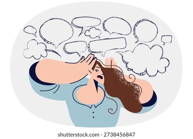 Overabundance of information causes headaches and migraines in woman clutching head, standing under dialogue clouds. Metaphor of public opinion and obsessive thoughts causing headaches in person