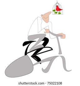 Overacted image of a man who is engaged on a stationary bike and  listens to the singing  bird