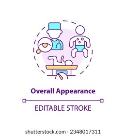 Overall appearance concept icon. Newborn baby. Physical examination. Health assessment. Head to toe. Pediatric care abstract idea thin line illustration. Isolated outline drawing. Editable stroke