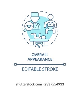 Overall appearance turquoise concept icon. Newborn baby. Physical examination. Health assessment. Pediatric care abstract idea thin line illustration. Isolated outline drawing. Editable stroke
