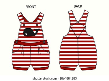  overall for Baby with stripe pattern. Baby overall front and back view.