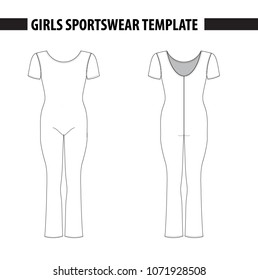 Girls’ overall bodysuit with short sleeves. Vector template, mockup for sample demonstration. Kids overalls, camisole, sport suit for gymnastics, acrobatics, dance. Vector illustration in outlines.