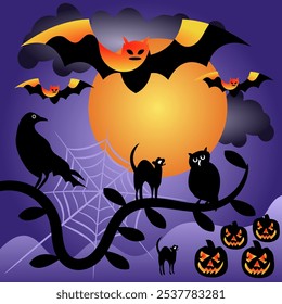 The overall color scheme is a mix of dark purples and blacks with pops of orange from the moon bats and pumpkins