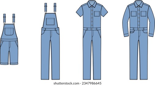 Overall and coverall jumpsuit flat sketch. Suspender pants. Work wear apparel design. Men CAD mockup. Technical drawing template. Vector illustration.