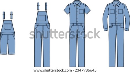 Overall and coverall jumpsuit flat sketch. Suspender pants. Work wear apparel design. Men CAD mockup. Technical drawing template. Vector illustration.