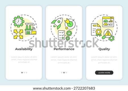 Overall equipment effectiveness onboarding mobile app screen. Walkthrough 3 steps editable graphic instructions with linear concepts. UI, UX, GUI
