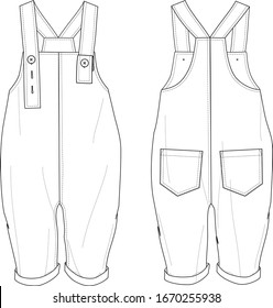 Overall for kids with adjustable straps and pack pockets at back, front and back views