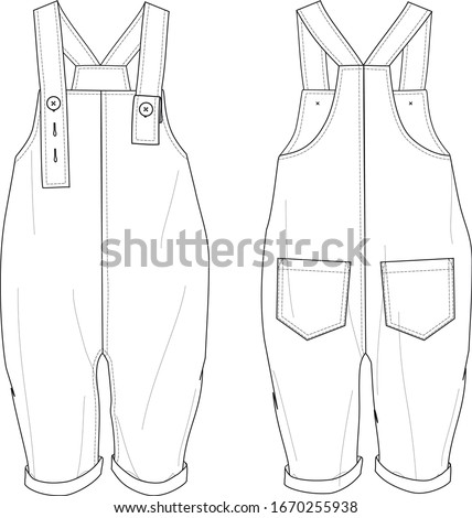 Overall for kids with adjustable straps and pack pockets at back, front and back views