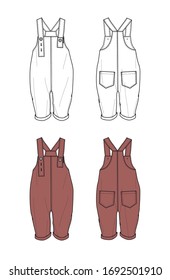 Overall for kids with patch pockets at back and adjustable straps, in white and terracotta red colors, flat sketch, front and back views