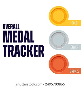 Overall medal tracker, counter. Gold, silver, bronze. Sport, infographic concept. Vector illustration.