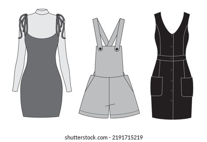 Overalls draw vector, Set of different types of Overalls, types of Overalls, clothes vector, women clothes female clothes