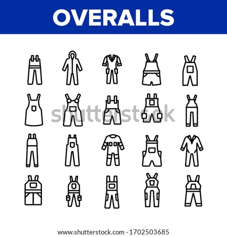 Overalls Worker Protect Clothes Icons Set Vector. Human Protection Overalls, Safety And Protective Body Clothing And Workwear Concept Linear Pictograms. Monochrome Contour Illustrations