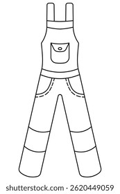 Macacões funcionando. Esboço. Roupas de trabalho com bolsos para jardinagem. Ilustração vetorial. Contorno em plano de fundo branco isolado. Estilo Doodle. Livro de colorir para crianças. Ideia para web design.