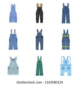 Overalls workwear icons set. Flat illustration of 9 overalls workwear vector icons isolated on white