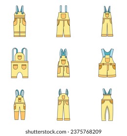 Overalls workwear icons set. Simple illustration of 9 overalls workwear vector icons thin line color flat on white