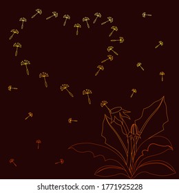 Overblown Blowball with flying seeds, heart shape, gradient outlined art on vinous background, vector illustration for making elements of clothes or domestics, prints, patterns, wrapping, postcards.