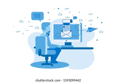 Overbooked call center agent in front of his office desk as well as in phone call.