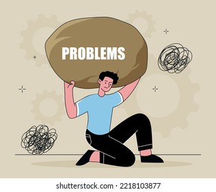 Overburdened person concept. Man on his shoulders holds large stone with inscription problems. Mental health and psychology, deadline pressure and stress, metaphor. Cartoon flat vector illustration