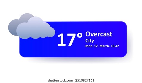 Pronóstico del Clima a 17 grados Celsius nublado, ubicación de la ciudad, fecha. Ventoso, nublado, velocidad del viento, nublado, aire, precipitación, temperatura, presión atmosférica, Farenheit, índice UV, sinóptico