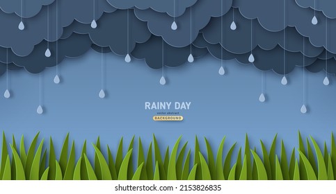 Overcast sky, green grass lawn in paper cut style, landscape border. Vector illustration. Rainy day concept with dark clouds. Place for text.