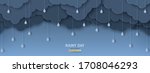 Overcast sky with rain drops in paper cut style. Vector illustration. Rainy day concept with dark clouds.