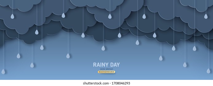 Overcast sky with rain drops in paper cut style. Vector illustration. Rainy day concept with dark clouds.