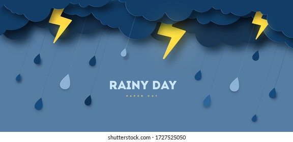 Overcast sky, thunder and lightning in paper cut style. Vector illustration. Rainy day concept with dark clouds.