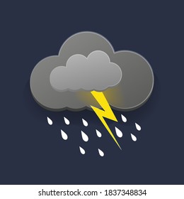Overcast sky, thunder and lightning in paper cut style. Vector illustration. Rainy day concept with dark clouds.