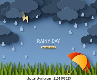 Overcast sky, thunder and lightning in paper cut style. Green grass lawn, umbrella, landscape border. Vector illustration. Rainy day concept with dark clouds.