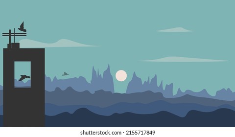 Overcast vector background with forest and flying birds. The concept illustration can be used to design web sites.