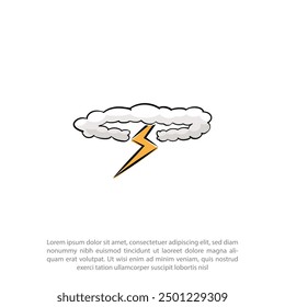 Overcast weather. Dark gray cloud with lightning and thunderstorm, it's raining, cartoon vector illustration on a white background 