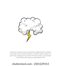 Overcast weather. Dark gray cloud with lightning and thunderstorm, it's raining, cartoon vector illustration on a white background 