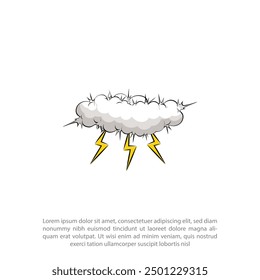 Overcast weather. Dark gray cloud with lightning and thunderstorm, it's raining, cartoon vector illustration on a white background 