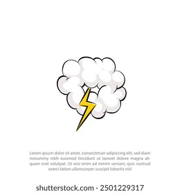 Overcast weather. Dark gray cloud with lightning and thunderstorm, it's raining, cartoon vector illustration on a white background 