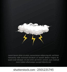 Overcast weather. Dark gray cloud with lightning and thunderstorm, it's raining, cartoon vector illustration on a Black background