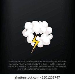 Overcast weather. Dark gray cloud with lightning and thunderstorm, it's raining, cartoon vector illustration on a Black background