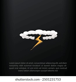 Overcast weather. Dark gray cloud with lightning and thunderstorm, it's raining, cartoon vector illustration on a Black background