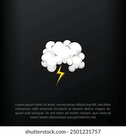 Overcast weather. Dark gray cloud with lightning and thunderstorm, it's raining, cartoon vector illustration on a Black background