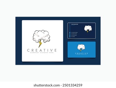 Overcast weather. Dark gray cloud with lightning and thunderstorm, it's raining, cartoon vector illustration with business card.