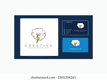 Overcast weather. Dark gray cloud with lightning and thunderstorm, it's raining, cartoon vector illustration with business card.